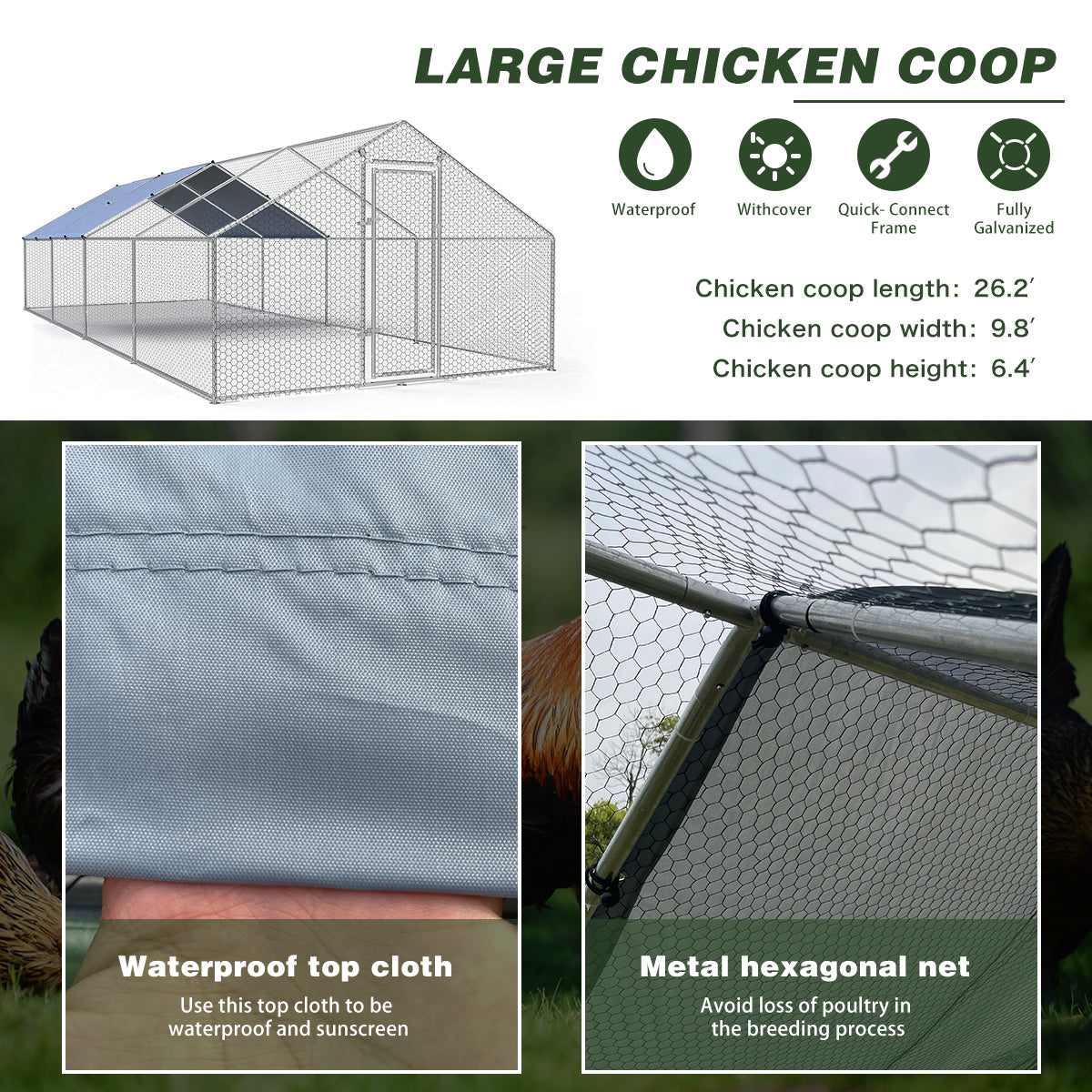 Fuzzy-Bird Chicken Coop Run Spire Top 9.8' L x 26.2' W x 6.4' H